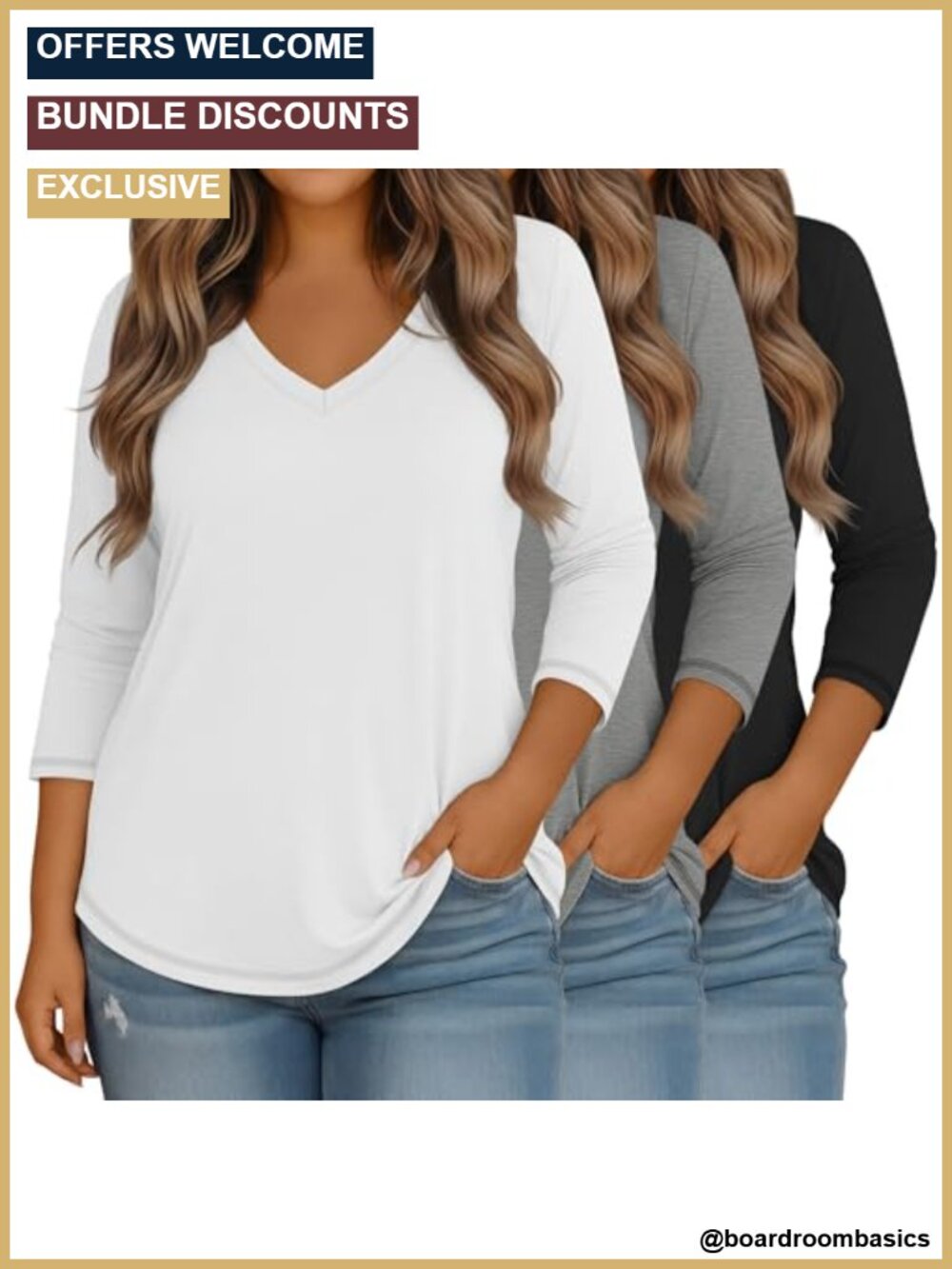 Plus Size 3/4 Sleeve V Neck Tops Loose Fit Cotton Blend Tees